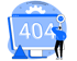 Mann steht vor einem Computerbildschirm mit der großen Zahl "404", ein trauriger Smiley schwebt daneben.