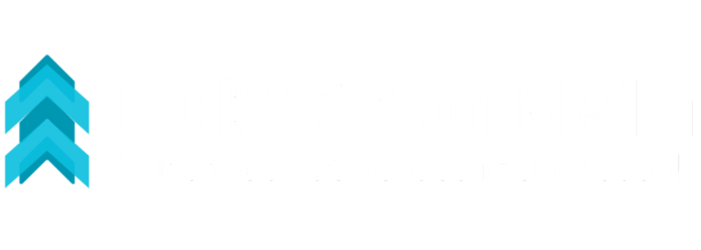 Logo: Lucky Vision Media, Wir bringen deine Ideen zum Leben! mit blauen Pfeilen.