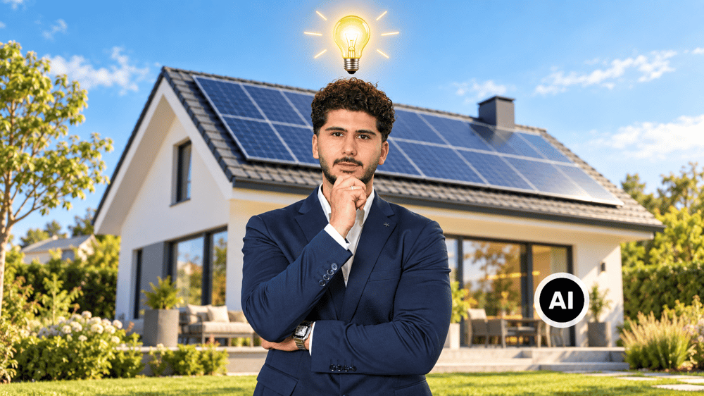 Mann vor einem Haus mit Photovoltaikanlage