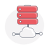 Drei rote Serverschränke sind über Kabel mit einer weißen Cloud verbunden.
