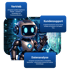 Roboter mit Textfeldern: "Vertrieb", "Kundensupport", "Datenanalyse"
