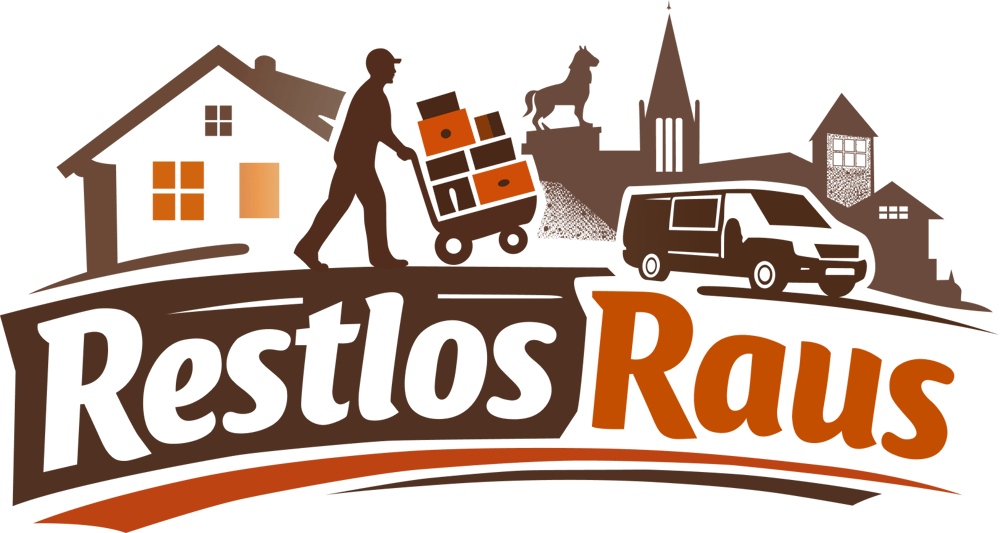 Restlos Raus Logo mit Umzugshelfer, Kartons, Lieferwagen und Stadtsilhouette vor schwarzem Hintergrund.