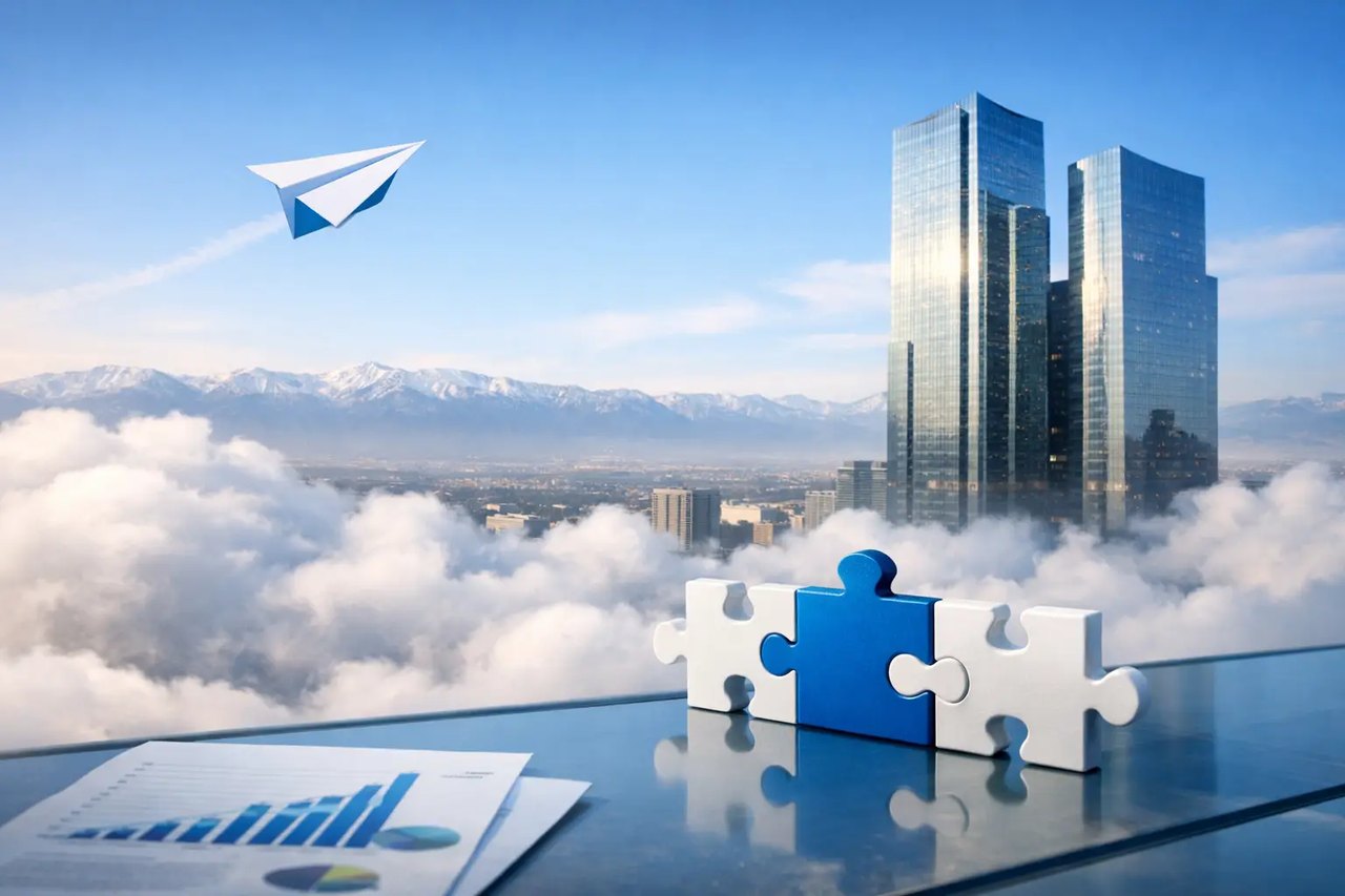 Drei Puzzleteile vor einer Skyline mit Wolken, einem Papierflieger und Geschäftsdokumenten mit Diagrammen.