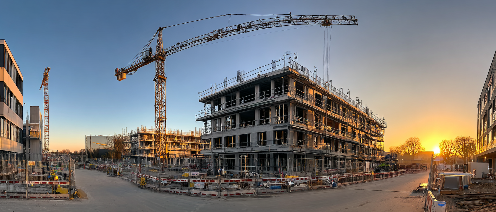 Weiter Blick über eine ruhige deutsche Baustelle bei Tagesbeginn.