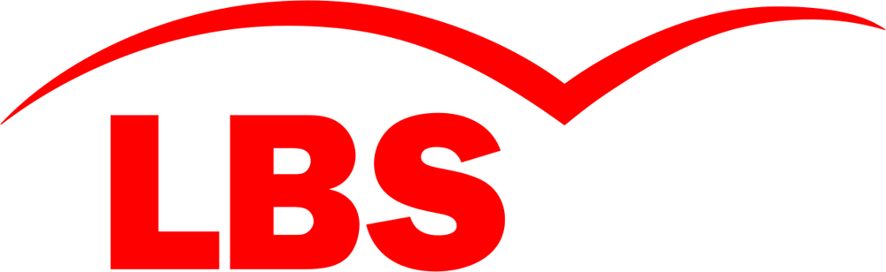 Rotes "LBS"-Logo mit einem darüber liegenden, nach oben gewölbten roten Bogen auf dunkelgrünem Hintergrund.
