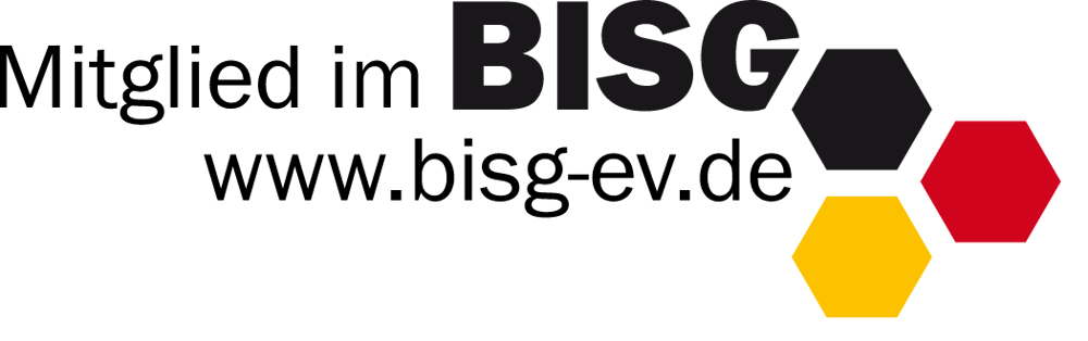 Schwarzer Text "Mitglied im BISG www.bisg-ev.de" mit drei farbigen Hexagonen: schwarz, rot, gold.