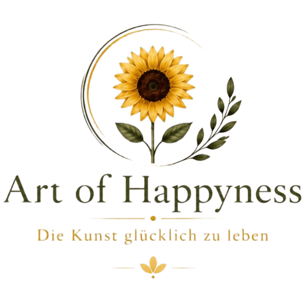 Logo mit Sonnenblume und dem Text "Art of Happyness - Die Kunst glücklich zu leben" auf weißem Hintergrund.