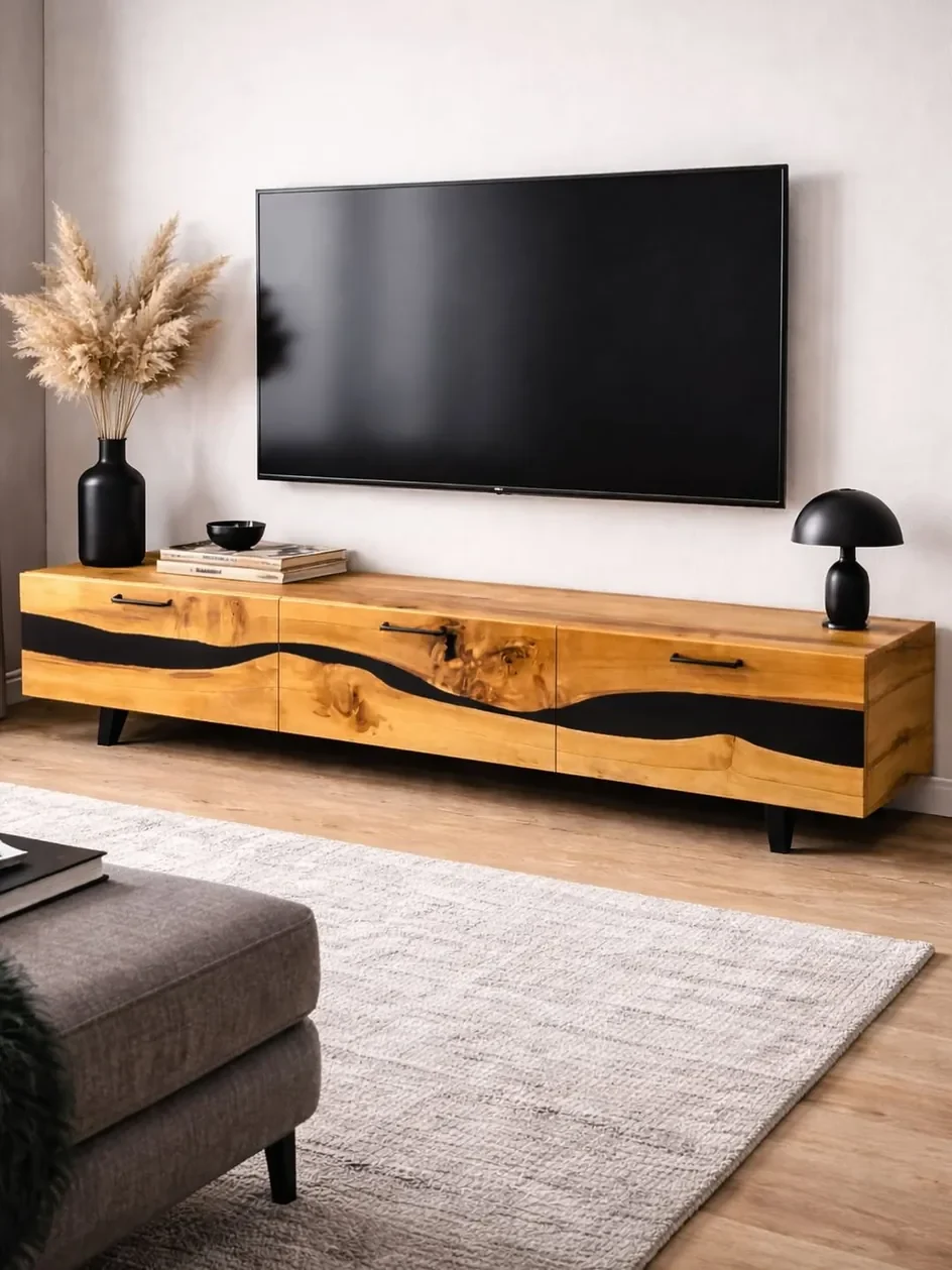 TV stolek z masivního dřeva s výraznou tmavou linií