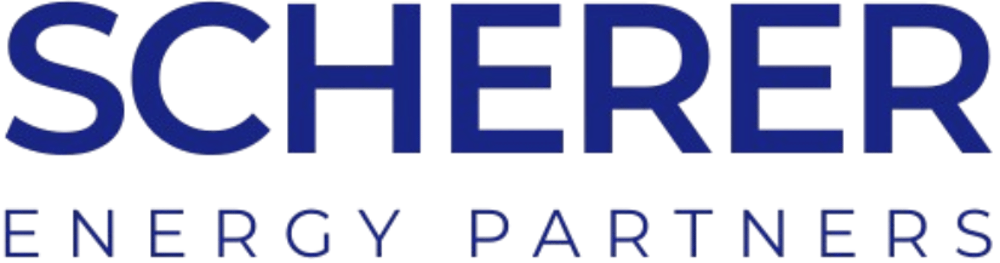 Blauer Text "SCHERER ENERGY PARTNERS" auf dunkelgrünem Hintergrund.