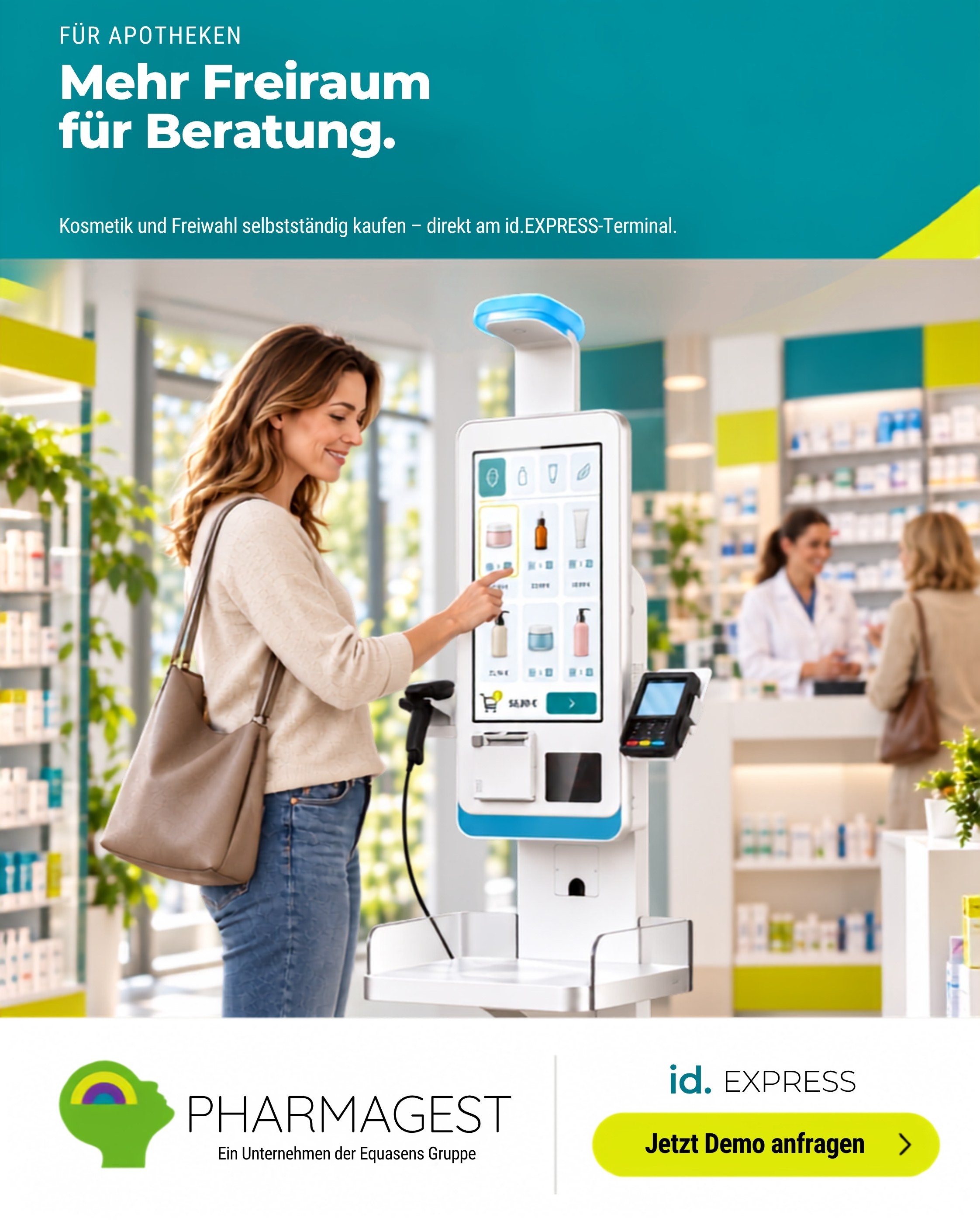 Kundin kauft Freiwahl-Produkte selbstständig am id.EXPRESS-Terminal in der Apotheke