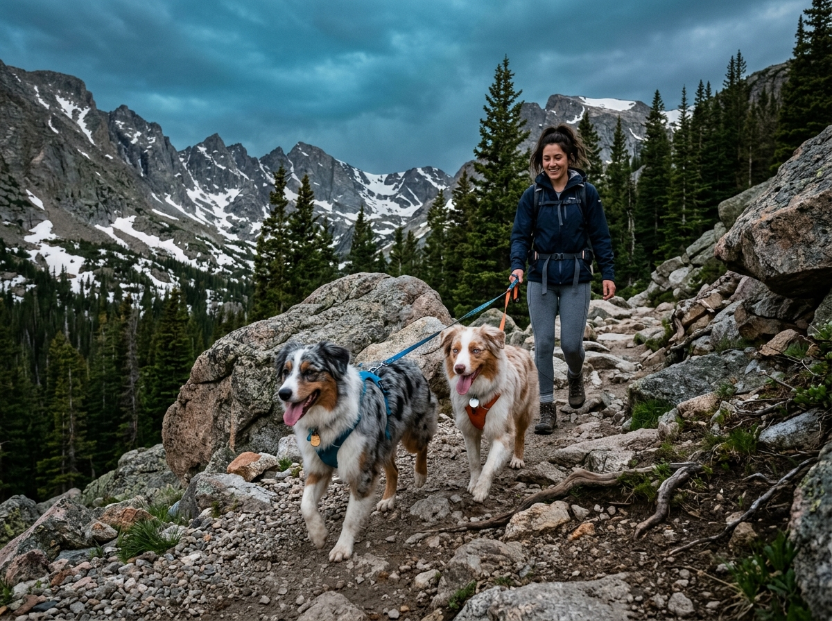 Australian Shepherds beim Wandern in den Bergen