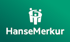 HanseMerkur Logo: Weiße stilisierte Figuren umarmen sich, darunter der Schriftzug "HanseMerkur" auf grünem Hintergrund.
