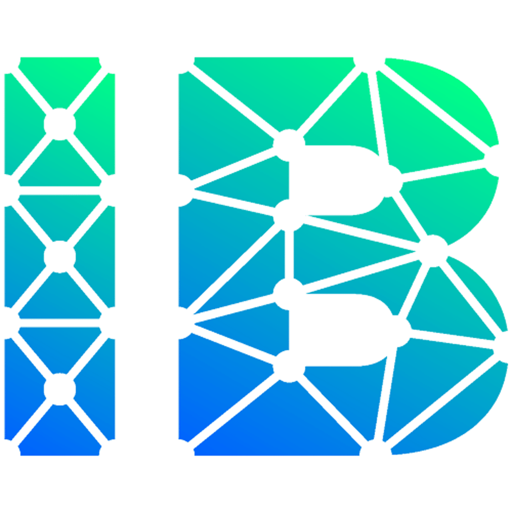Buchstaben "IB" in blau-grünem Farbverlauf, aus verbundenen Dreiecken und Kreisen geformt.