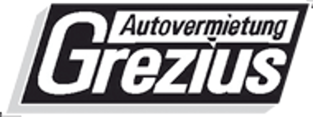 Schwarzes Rechteck mit weißem Text "Autovermietung Grezius".