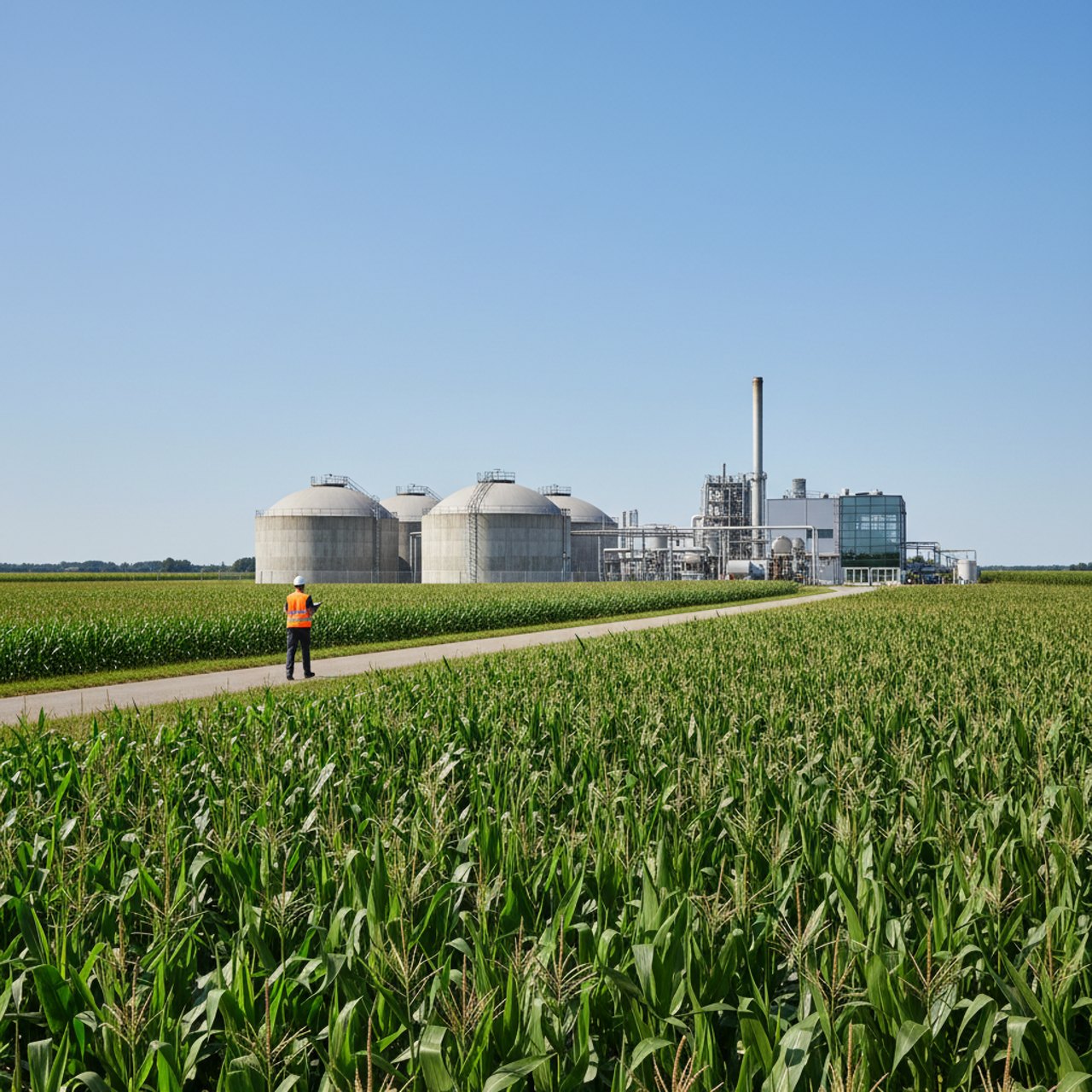 Maisfeld mit Biogasanlage