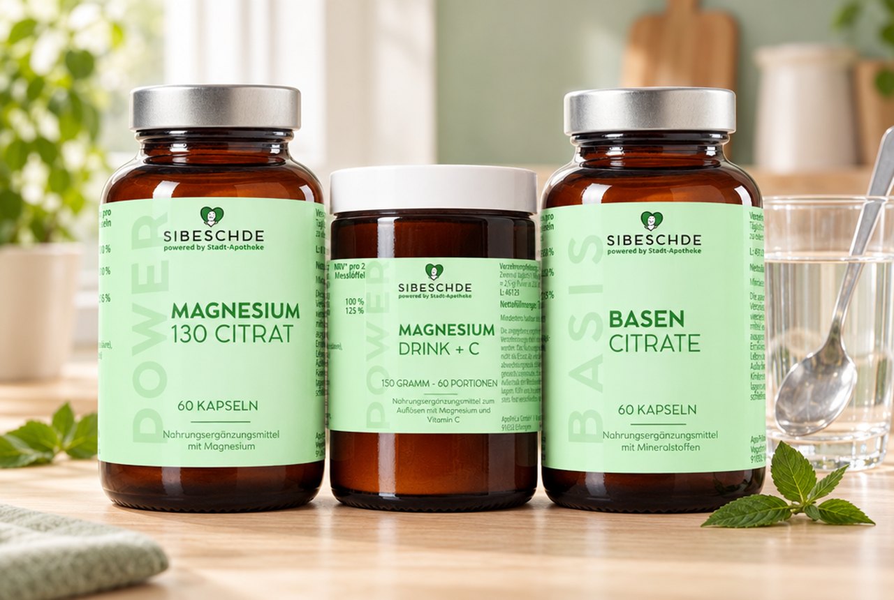 S|BESCHDE Magnesium 130 Citrat, Magnesium Drink + C und Basencitrate auf einer hellen Küchentheke mit Glas Wasser, Löffel und grünen Blättern