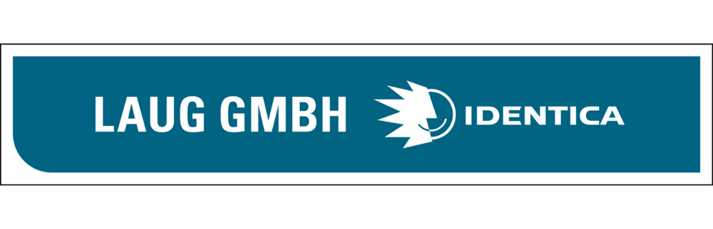 Blauer Button mit weißer Schrift "LAUG GMBH" und dem Identica-Logo und Schriftzug.