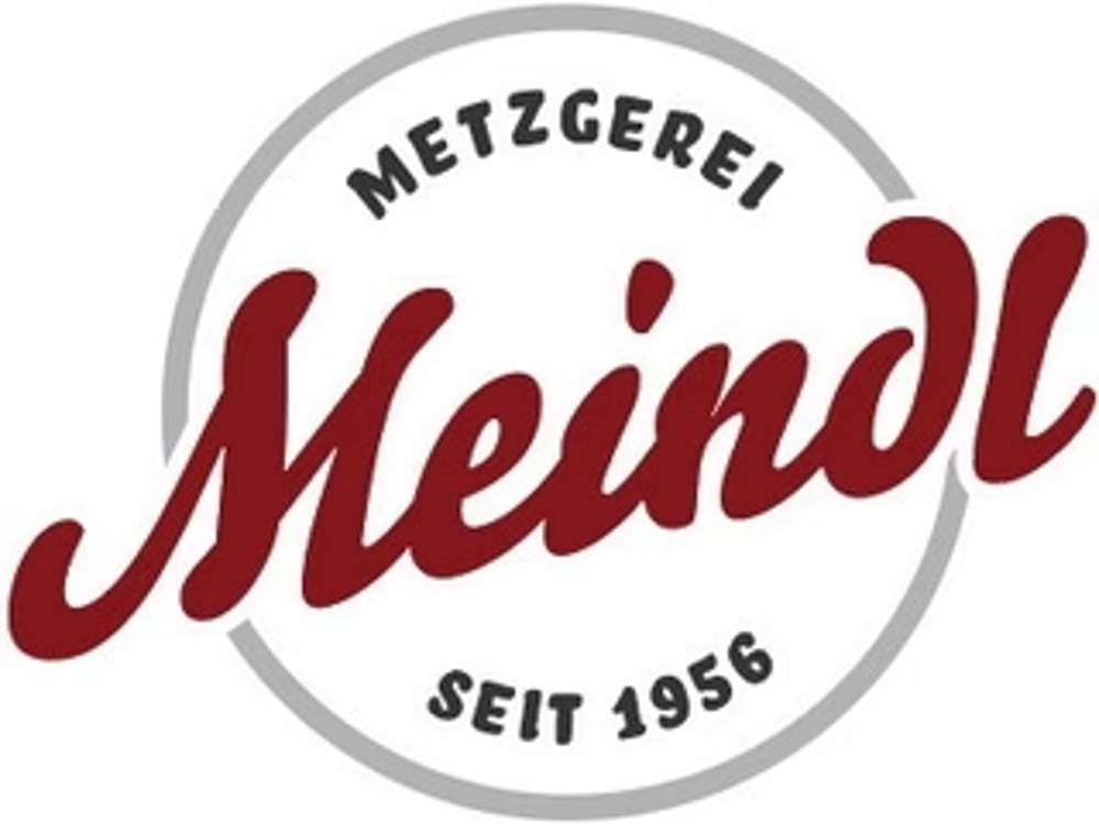 Logo: "Metzgerei Meindl seit 1956" in Rot und Schwarz auf weißem Hintergrund mit grauem Kreis.