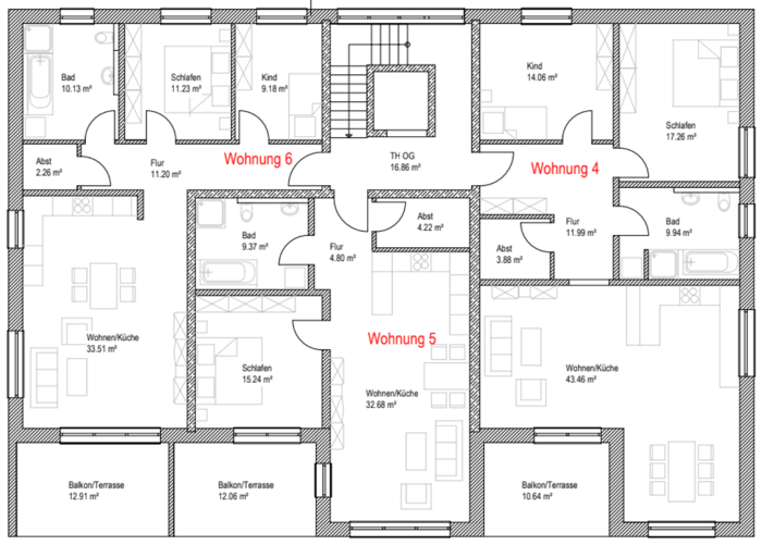Grundriss Wohnung 4, 5 und 6 im Obergeschoss, Hauensteiner Straße 52