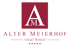 Logo mit einem weißen "A" und einem kleineren "M" in einem roten Quadrat; darunter "ALTER MEIERHOF vital hotel" und fünf Sterne.