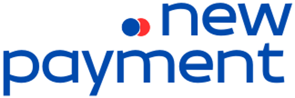 Logo mit blauem Text ".new payment" und zwei überlappenden Kreisen in Rot und Blau über dem Buchstaben "n".
