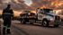 Towing Port Charlotte flatbed tow truck loading a classic car during roadside recovery at sunset.