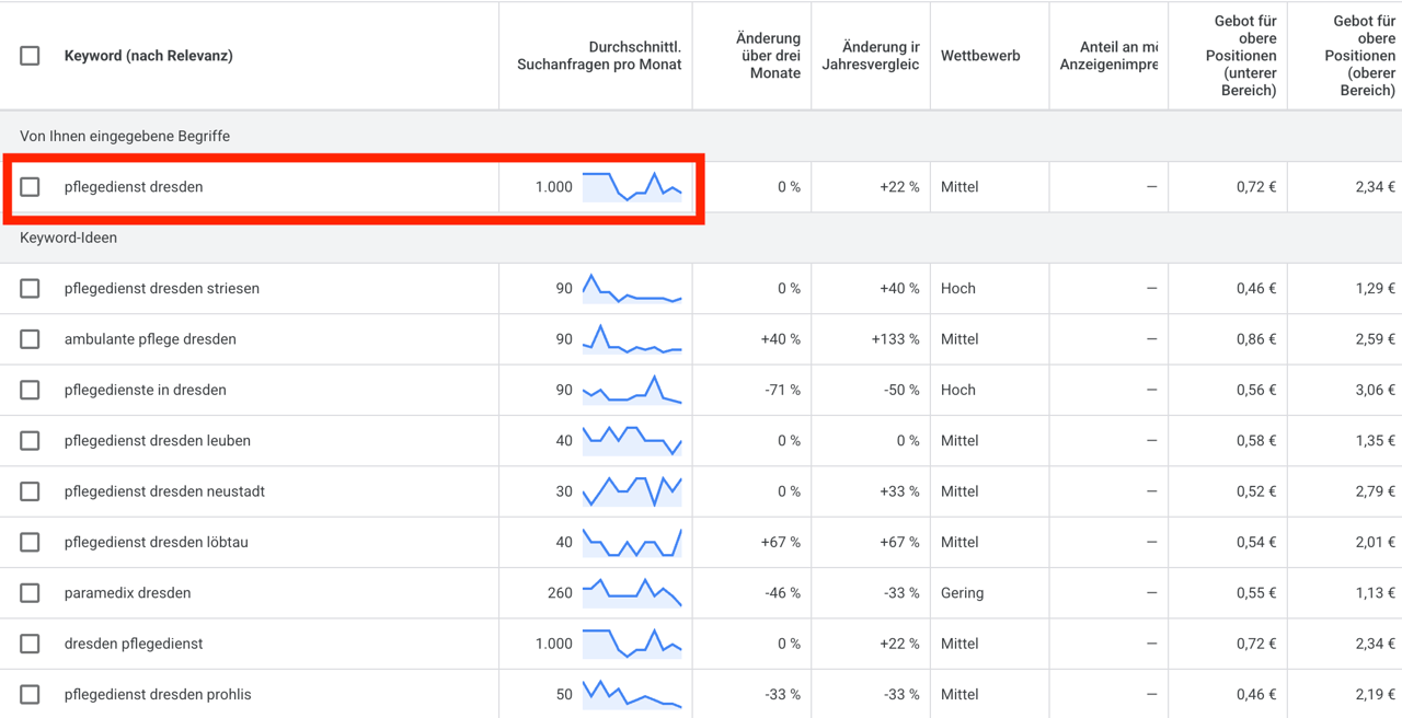 Google Keyword Planner pflegedienst dresden