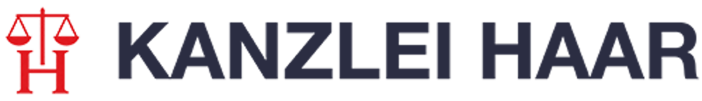 Rotes Logo mit Waage über einem "H" und dem Text "KANZLEI HAAR" in dunklem Blau.