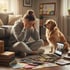 Eine junge Frau sitzt mit dem Kopf in den Händen auf dem Boden, umgeben von Büchern und Papieren; ein Golden Retriever sitzt neben ihr.
