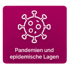 Rotes Symbol mit weißem Coronavirus-Piktogramm und Text: "Pandemien und epidemische Lagen" - Katastrophenschutz-Software Notfall- und Krisenmanager (NKM®).