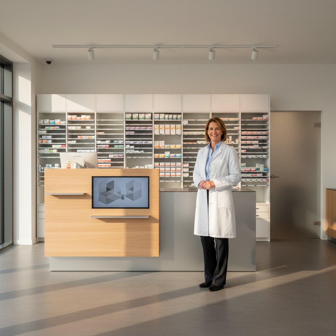 Apotheker am HV-Tisch mit Kasse, Monitor und Warenregalen