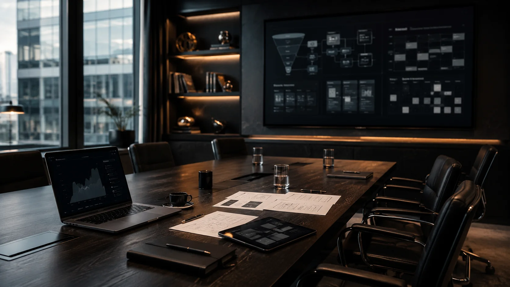 Boardroom mit Strategie-Screen