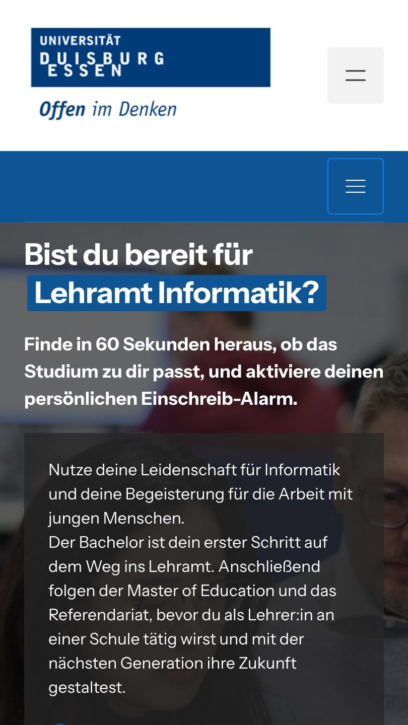 Die Landingpage für das Lehramt Informatik auf dem Handy