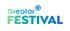Grüner und blauer Text auf dunklem Hintergrund: Greataor Festival mit einem "G" in einem Kreis.