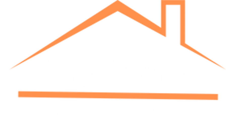Orangefarbenes Dach über weißem Text "AnyRooms Monteurzimmer".