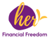 Her Financial Freedom Logo: Gelber, geschwungener "her"-Text auf violettem Oval, darunter "Financial Freedom".