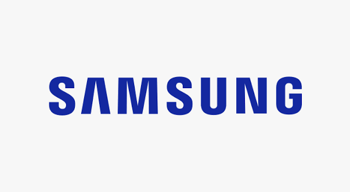 Blauer Samsung Schriftzug in Großbuchstaben auf weißem Hintergrund
