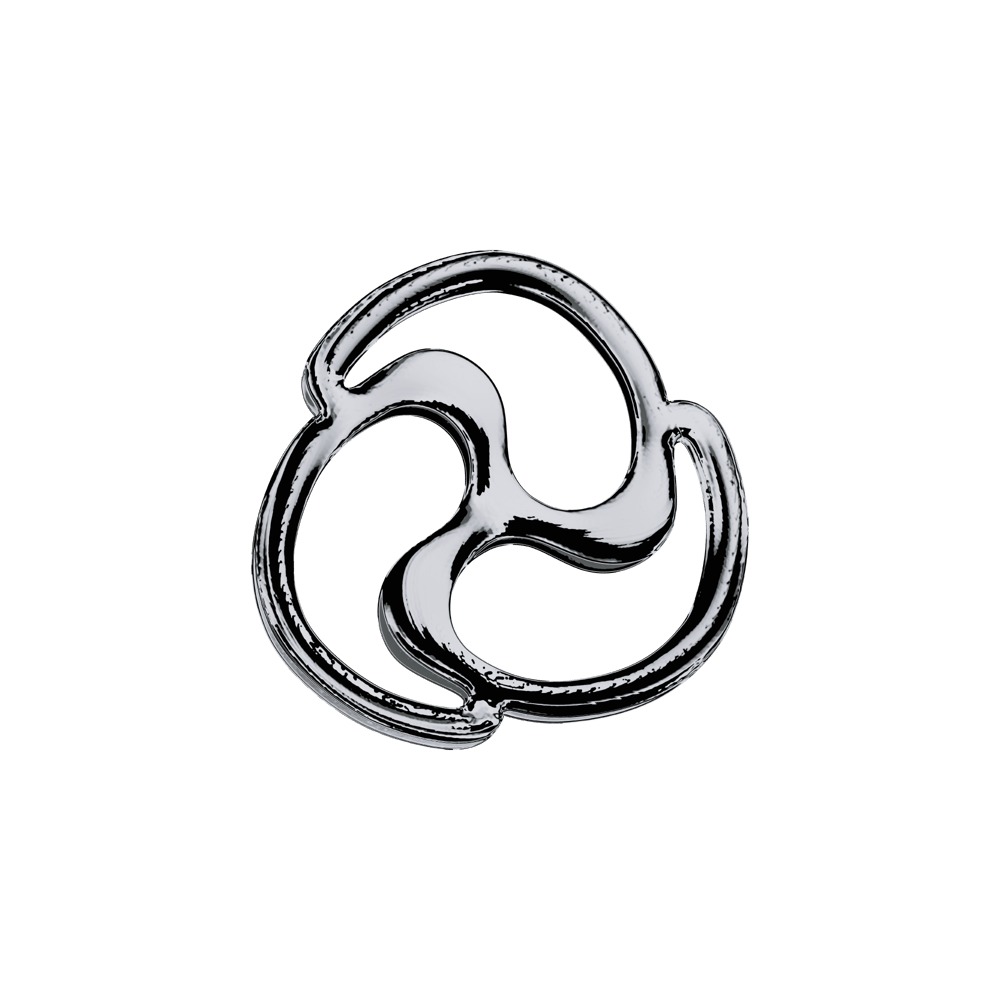 Glänzendes silbernes Symbol, das aus drei ineinander verschlungenen, geschwungenen Formen besteht.