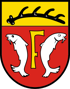 Wappen mit gelbem Oberteil, Hirschgeweih und rotem Unterteil mit zwei Fischen und gelbem "F".