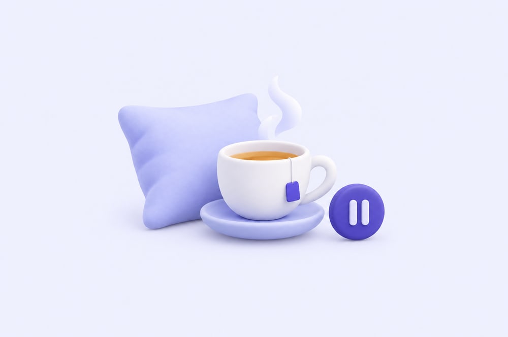 Illustration: Tasse Tee, Kissen und Pause-Taste