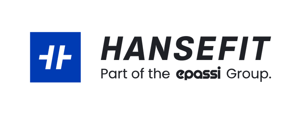 HANSEFIT Logo: Blaues Quadrat mit stilisiertem Hashtag, daneben HANSEFIT und "Part of the epassi Group".