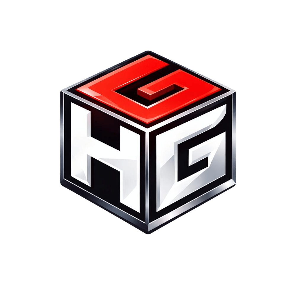 3D-Würfellogo mit den Buchstaben "HG" in Weiß und "G" in Rot, umrandet von Silber und Schwarz.
