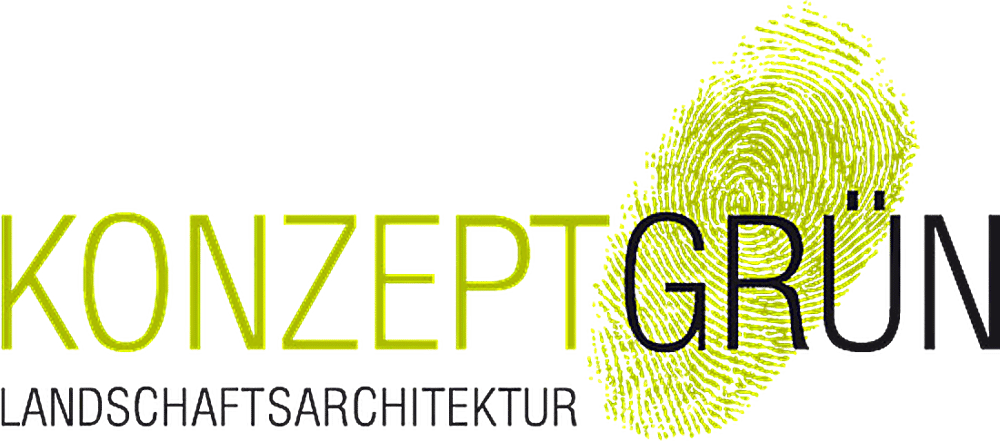 Logo: Konzept Grün Landschaftsarchitektur, mit grünem Fingerabdruck als Teil des Wortes "Grün".