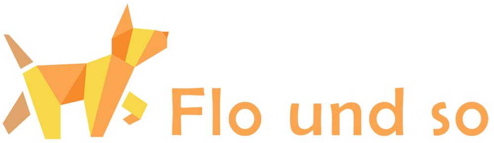 Logo mit stilisiertem orangefarbenem Hund und Text "Flo und so gesund werden - bleiben - sein".