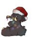 Digitale Illustration im Cartoonlook. Das Mammut sitzt leicht vom Betrachter weggewandt und schaut ü er die Schulter zu uns. Leicht frecher Blick. Auf dem Kopf eine flauschige Weihnachtsmann Mütze und um den Körper eine leuchtende Lichterkette.