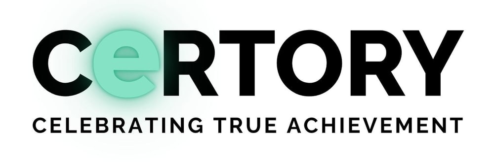 Certory logo with "e" glowing green, and tagline "CELEBRATING TRUE ACHIEVEMENT."