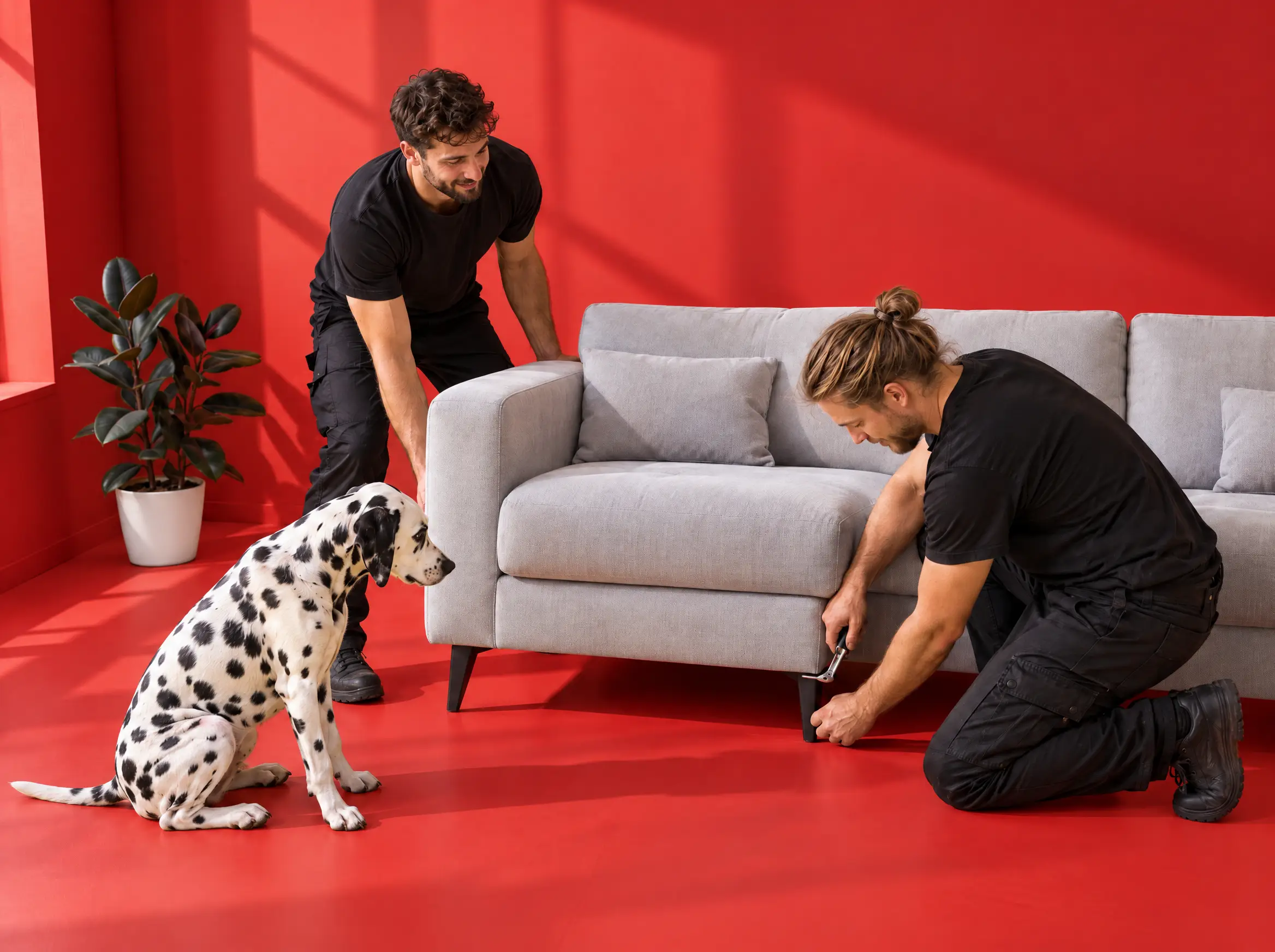 Monteure stellen ein Sofa auf