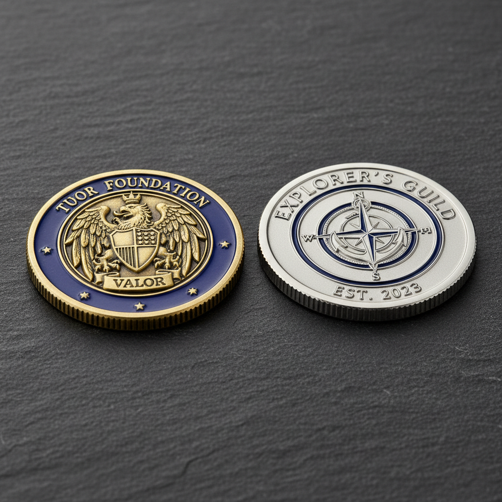 Individueller Challenge Coin mit 3D-Relief, Antik-Finish und blauer Emaille