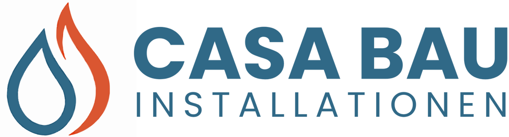Logo von Casa Bau Installationen aus Graz mit einem blauem Wassertropfen und einer orangefarbenen Flamme auf schwarzem Hintergrund.
