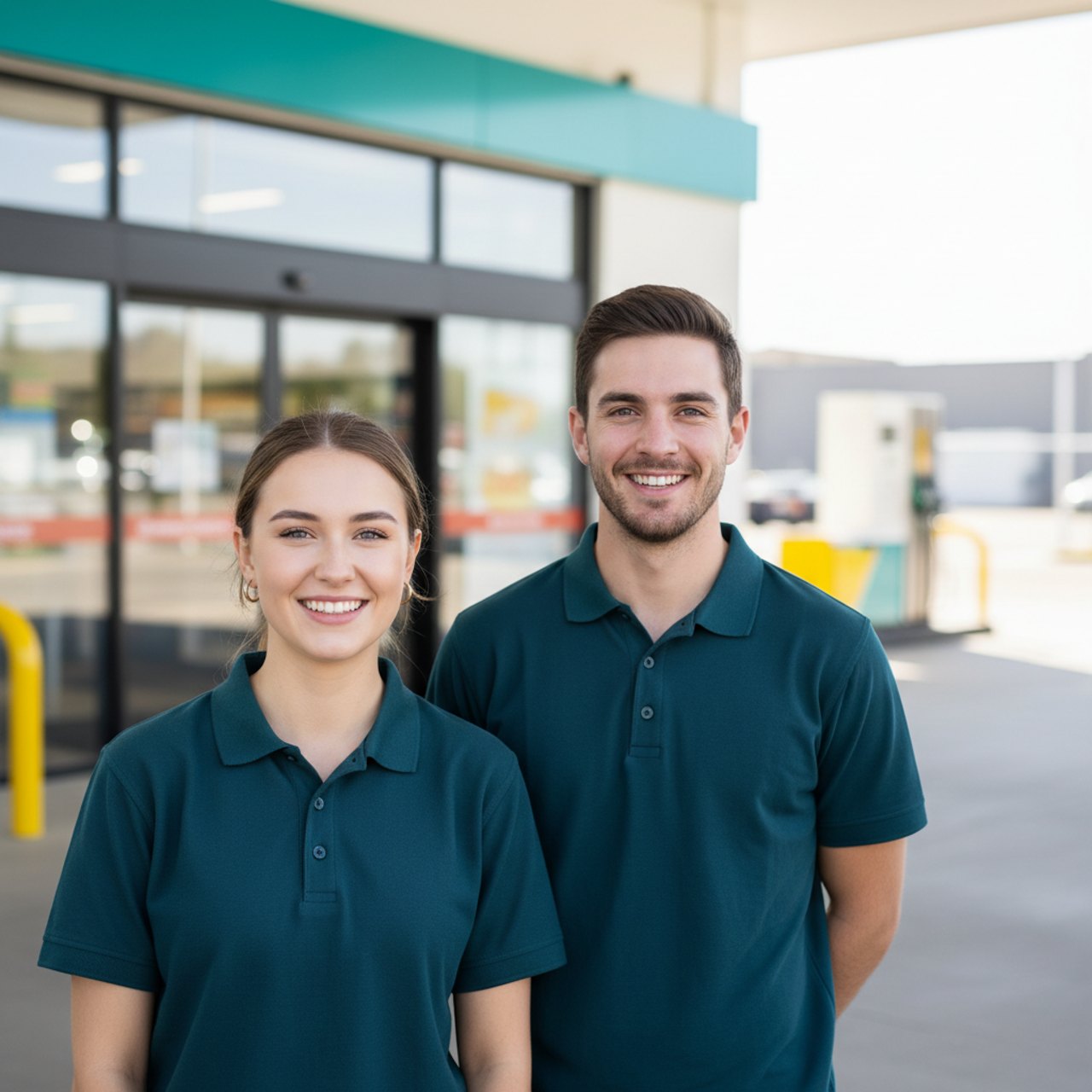 Mitarbeiterin und Mitarbeiter vor der Eni-Tankstelle